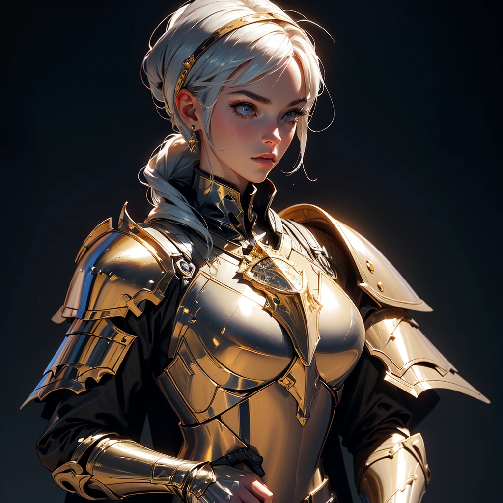 envision a 8k, highres, cinematic beautiful close up portrait of a Faceless Female Knight with a slender body with Light armor, Gold and Silver armor with against a dark gray background in the style of dark fantasy