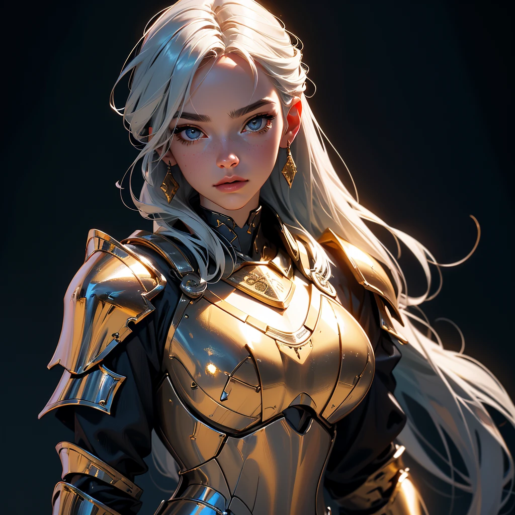 envision a 8k, highres, cinematic beautiful close up portrait of a Faceless Female Knight with a slender body with Light armor, Gold and Silver armor with against a dark gray background in the style of dark fantasy