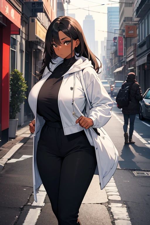 1 cute big breasted girl with brown skin and long white hair with gray eyes wearing a black and white coat and a black sweatshirt walking 