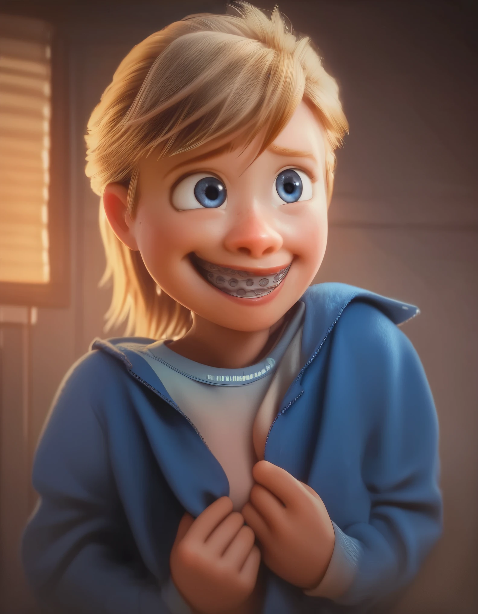 1 girl, breasts, blue eyes, fringe, blond hair, Horse tail, Riley from Inside Out 2. adult girl. 18 years, hot High resolution, masterpiece, necessary, anatomically correct, The best quality, High details, HD Model, high quality, smile, smile ligera, clenched teeth, braces