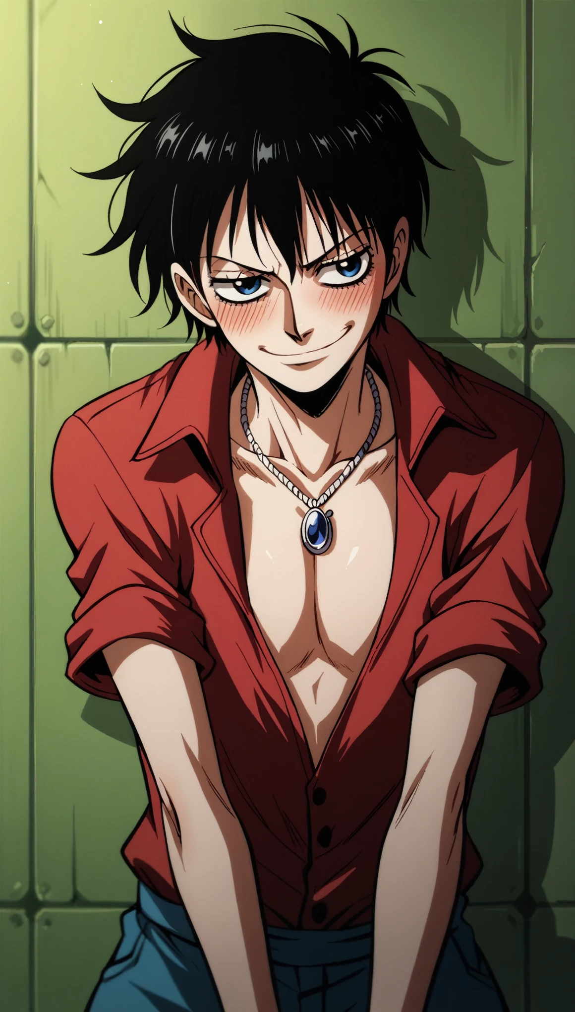 score_9, score_8_up, score_7_up, score_6_up, score_5_up, score_4_up, source_anime, BREAK
hellsing_ultimate_style, solo,1boy,portrait, femboy, twink,  one piece, luffy, large breasts, cleavage, shy, blush, pendant necklace, smirk, against the wall