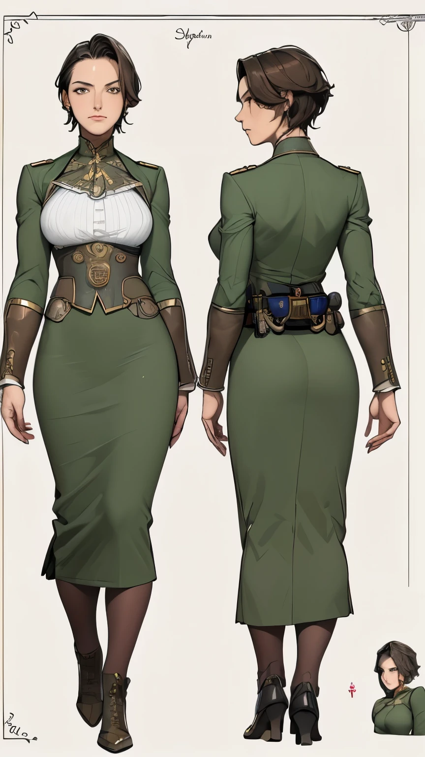((masterpiece)),(((Highest quality))),((Reference Sheet, Character Design)),front view,oblique view, ((perfect anatomy)),perfect finger,(detailed face), solo,1 middle age woman,Army officer,(Steam Punk), (Victorian era),horizontal angle,((looking at viewer:1.3)), (Super detailed:1.3),(small breasts),((asymptomatic short hair)),(forehead),fine eyes, beautiful eyes, 1 mature woman, (sagging small breasts),(muscular),alone, standing, crystal earrings,closed_mouth, arm_behind_return,Army officer uniform,olivedrab uniform,jacket,insignia,white shirt,tie,pencil skirt,