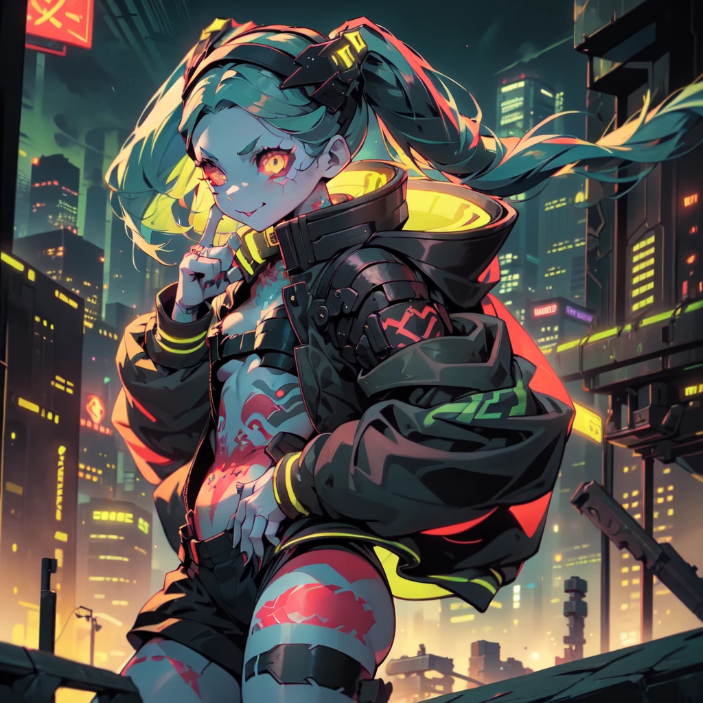 night, Cyberpunk City,,(alone,whole body, Rebecca, Yellow Eyes, Machine Eyes, Red sclera, Twin tails, leg tattoo, Skin of color, tattoo, small, Black hair band, Green Hair, neck tattoo, small胸, headgear, Long Hair, stomach tattoo), ((masterpiece)), Highest quality、Butt tongue out, Fearless smile