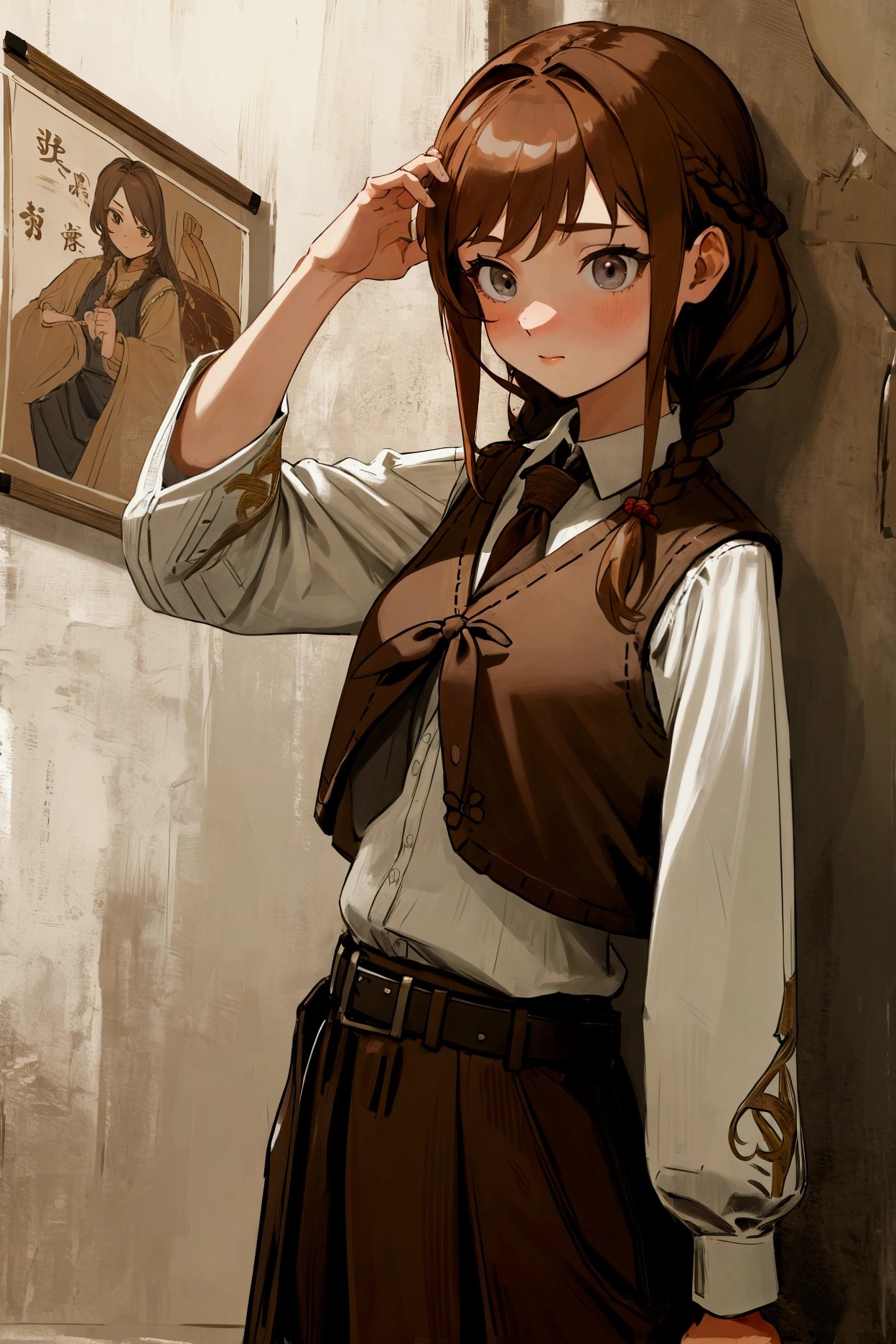 (masterpiece, best quality, absurdres, very detailed eyes), closeup, 1girl, solo, solofocus, gray eyes, chestnut brown hair, shoulder length hair, braided hair, hair beads, fitted dark leather vest, linen shirt with sleeves rolled up to elbows, trousers, belt, leather wrist band, ship interior, bedroom, bed, maps on wall, posters on wall, wood wall, lantern,