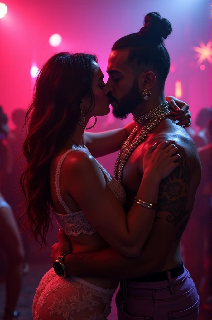 A young Puerto Rican man with a beard, hairy, strong and muscular, in red underwear, having her thighs kissed by a beautiful woman in red panties crouching in front of her, in performance on a stage of a television program presented by a famous presenter with a microphone in his hand.