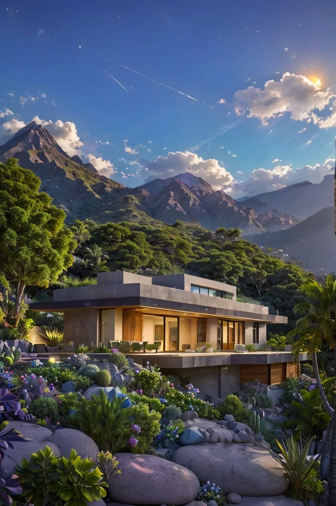 small and beautiful modern house in top of big boulders, terraces, pool, stairs, multiple cacti gardens, palms, trees, rocks, beautiful landscape design, mountains and volcano y background, amazing clouds, sun, moon, planets, milky way galaxy, concrete, wood, glass and steel materials, olive green, violet, orange and withe colors in facade