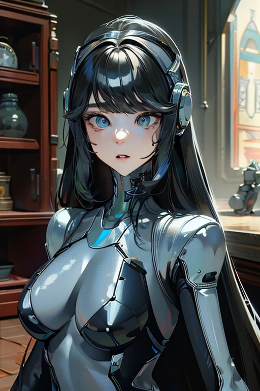 (masterpiece),(Highest quality),(Super detailed),(Best illustrations),(Best Shadow),(Absurd),(Detailed Background),(so beautiful), 16K, 8K, 4K,(Best Shadow),empty eyes,robotization,woman ,big bust,Robot Joint ,Metal skin,Black Suit,long hair,a black suit that covers the whole body,robot hand,cyber bodysuit,metal cat ear,robot rapunzel(nikke)