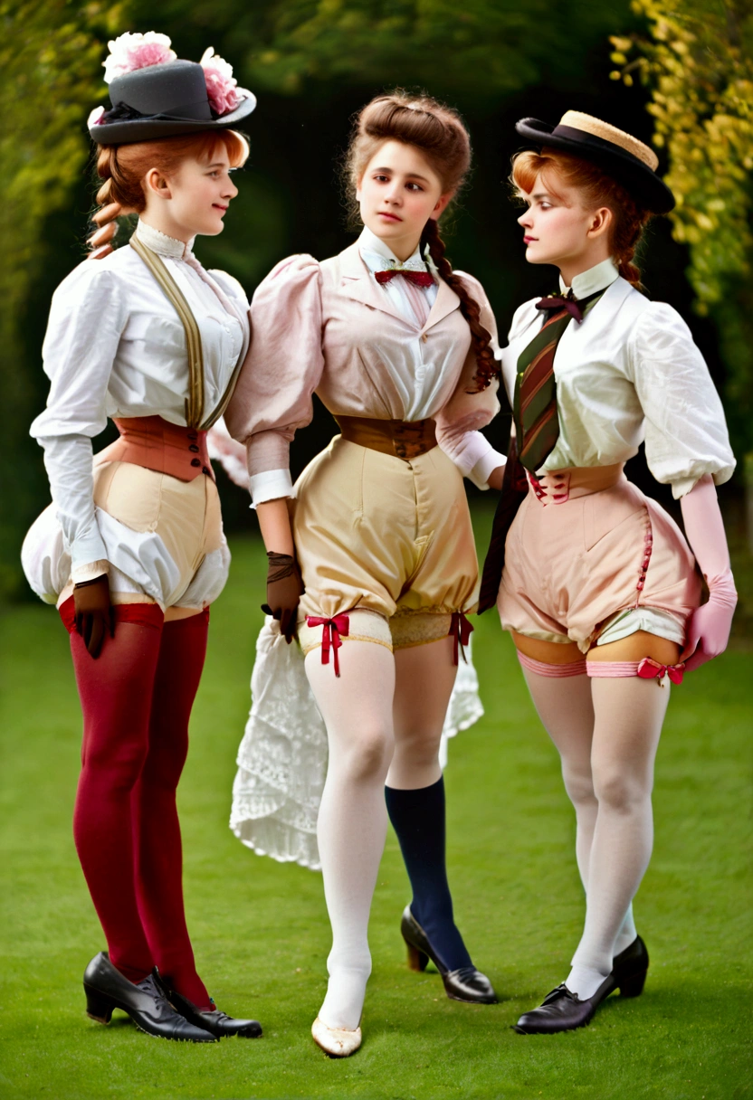 A group of  girls, of different hair colors, ages 13ing with old perverts in the 1890s, (((showing some leg, revealing their high-waisted bloomers))). Victorian setting. (((1890_dr3ss))). Year 1898. Colorful high-collar shirtwaists with puff sleeves, long skirts, elegant hats, ribbon ties and cameo brooches, gloves, petticoats, garter silk stockings and button boots.