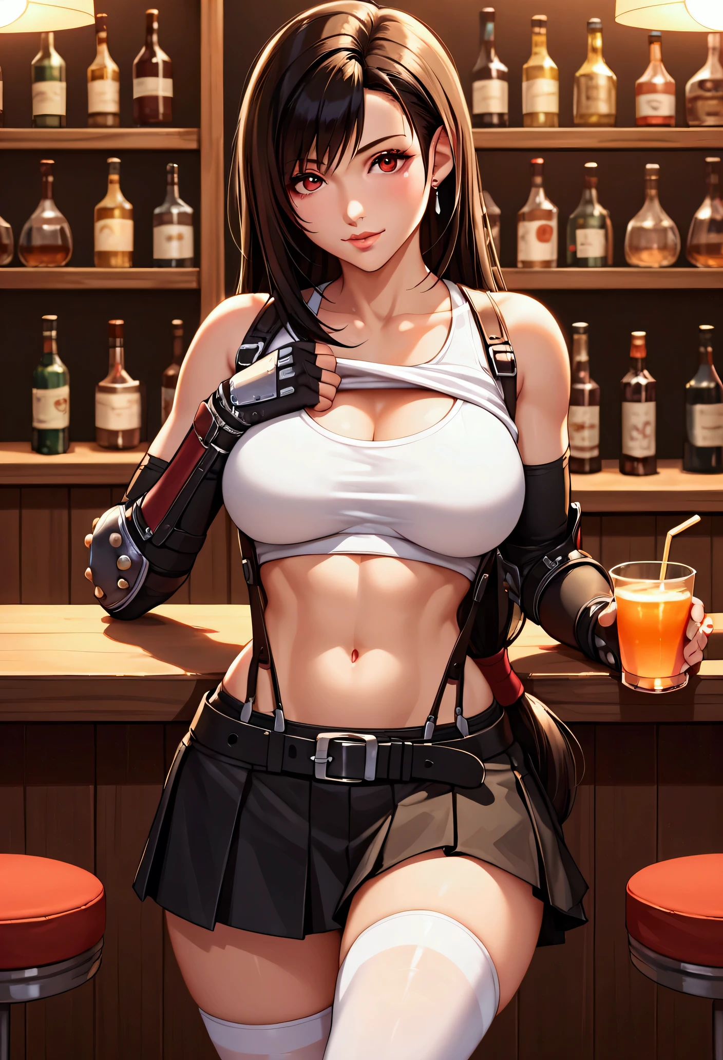 Izayoi Seishin artstyle, (score_9, score_8_up, score_7_up), (best quality, masterpiece),perfect anatomy,(aesthetic,very aesthetic),official style, (ultra-high resolution), 1girl, tifa lockhart, final fantasy,(beautiful woman).tareme, black hair, low-tied long hair, red eyes, bangs, white tank top,gap, belt, pleated skirt, thighhighs, elbow fingerless gloves, elbow pads, midriff, navel,suspender skirt.zettai ryouiki ,(front view),straight-on,(large_breasts:1.2),Solo,mediumshot,looking_at_viewer,contrapposto, vibrant, joyful,cafe and bar, ,Framin,(,tanktop lift),chica sexy, seductive look, seduction, biting half of her lips