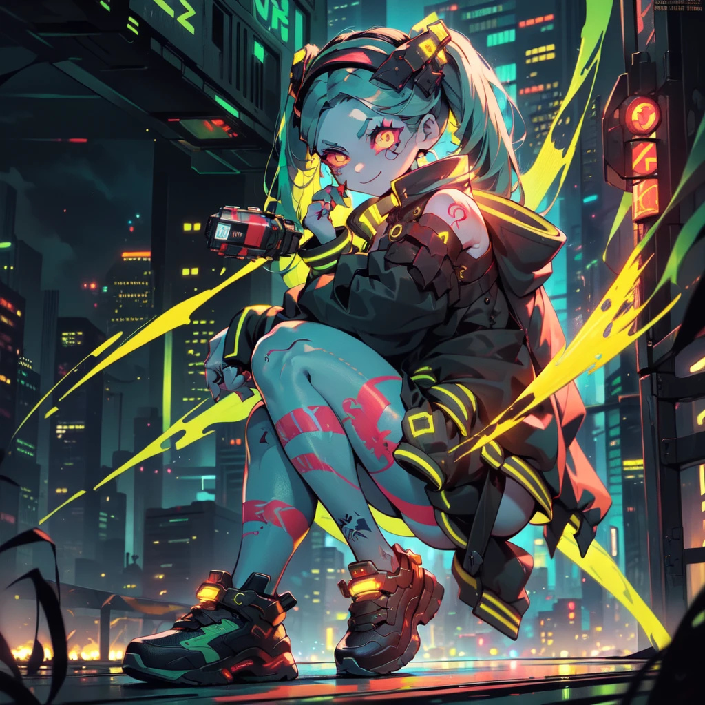 night, Cyberpunk City,,(alone,whole body, Rebecca, Yellow Eyes, Machine Eyes, Red sclera, Twin tails, leg tattoo, Skin of color, tattoo, small, Black hair band, Green Hair, neck tattoo, small胸, headgear, Long Hair, stomach tattoo), ((masterpiece)), Highest quality、Butt、Sticking out tongue, Fearless smile