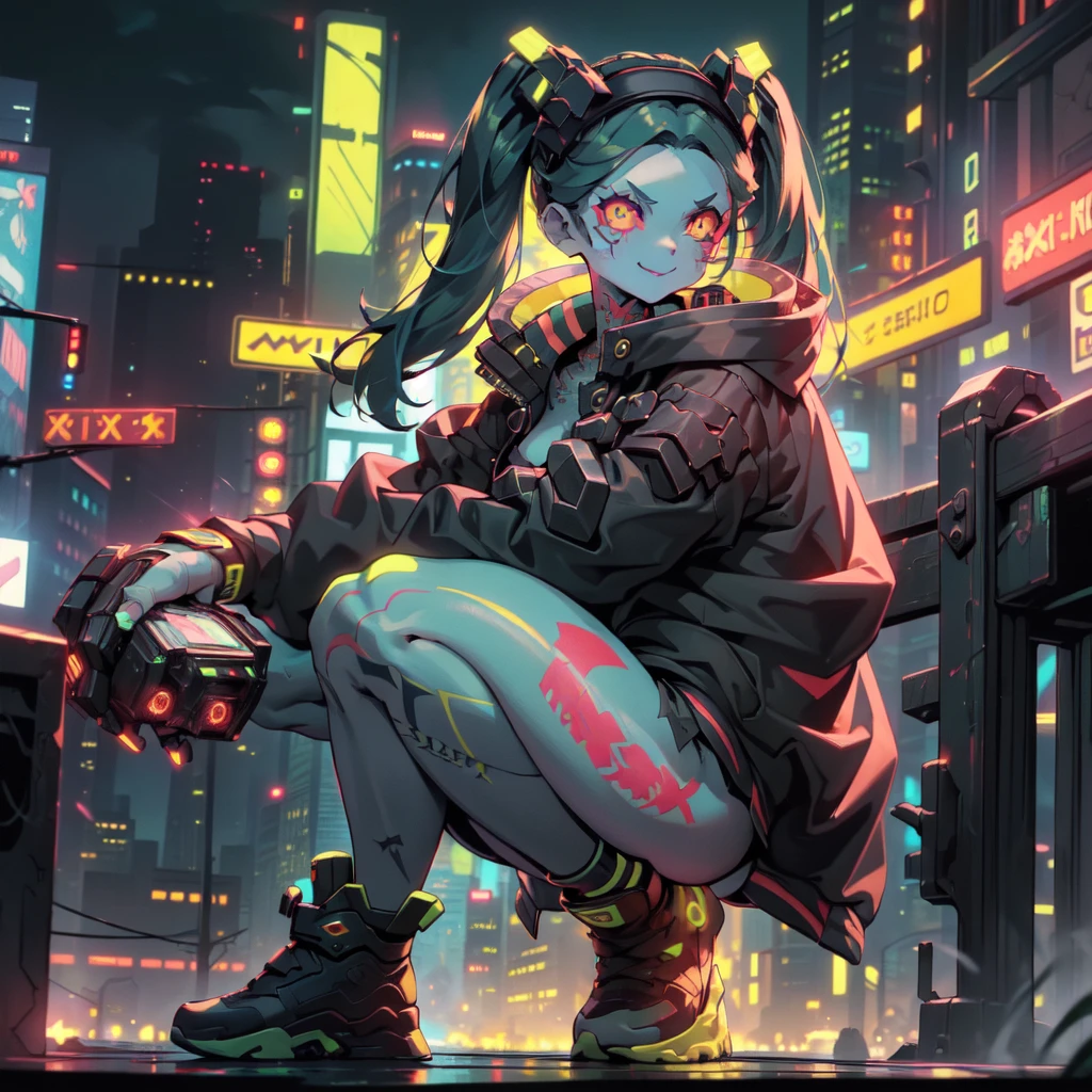 night, Cyberpunk City,,(alone,whole body, Rebecca, Yellow Eyes, Machine Eyes, Red sclera, Twin tails, leg tattoo, Skin of color, tattoo, small, Black hair band, Green Hair, neck tattoo, small胸, headgear, Long Hair, stomach tattoo), ((masterpiece)), Highest quality、Butt、Sticking out tongue, Fearless smile