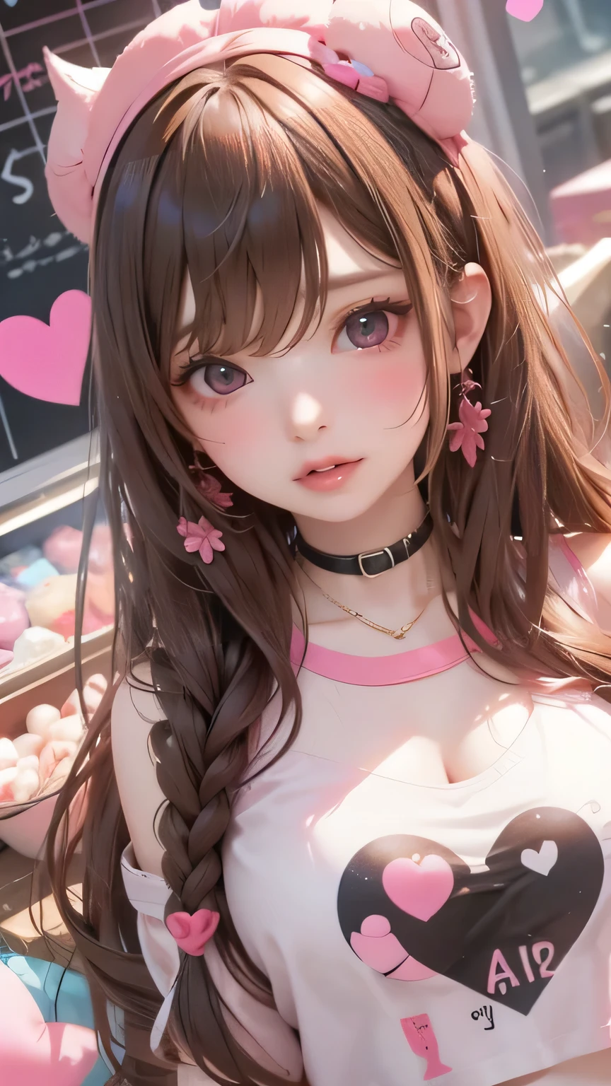 1 Kpop girl with Y2K style,With long hair and bangs,Surrounded by love hearts and electronics,Wearing a cute heart top