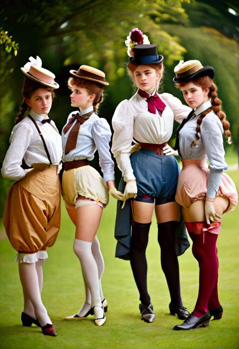 A group of teenage girls, of different hair colors, ages 13 to 15, flirting with old perverts in the 1890s, (((showing some leg, revealing their high-waisted bloomers))). Victorian setting. (((1890_dr3ss))). Year 1898. Colorful high-collar shirtwaists with puff sleeves, long skirts, elegant hats, ribbon ties and cameo brooches, gloves, petticoats, garter silk stockings and button boots.