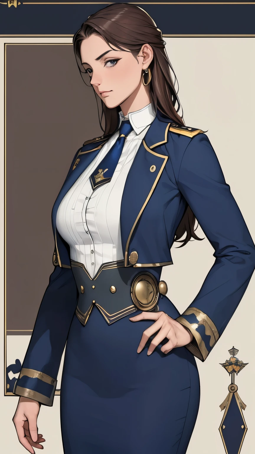 ((masterpiece)),(((Highest quality))),((Reference Sheet, Character Design)),front view,oblique view, ((perfect anatomy)),perfect finger,(detailed face), solo,1 middle age woman,Naval officer,(Steam Punk), (Victorian era),horizontal angle,((looking at viewer:1.3)), (Super detailed:1.3),(small breasts),(long hair),fine eyes, beautiful eyes, 1 mature woman, (sagging small breasts),(muscular),alone, standing, crystal earrings,closed_mouth, arm_behind_return,Naval officer uniform,military uniform,jacket,insignia,white shirt,tie,pencil skirt,