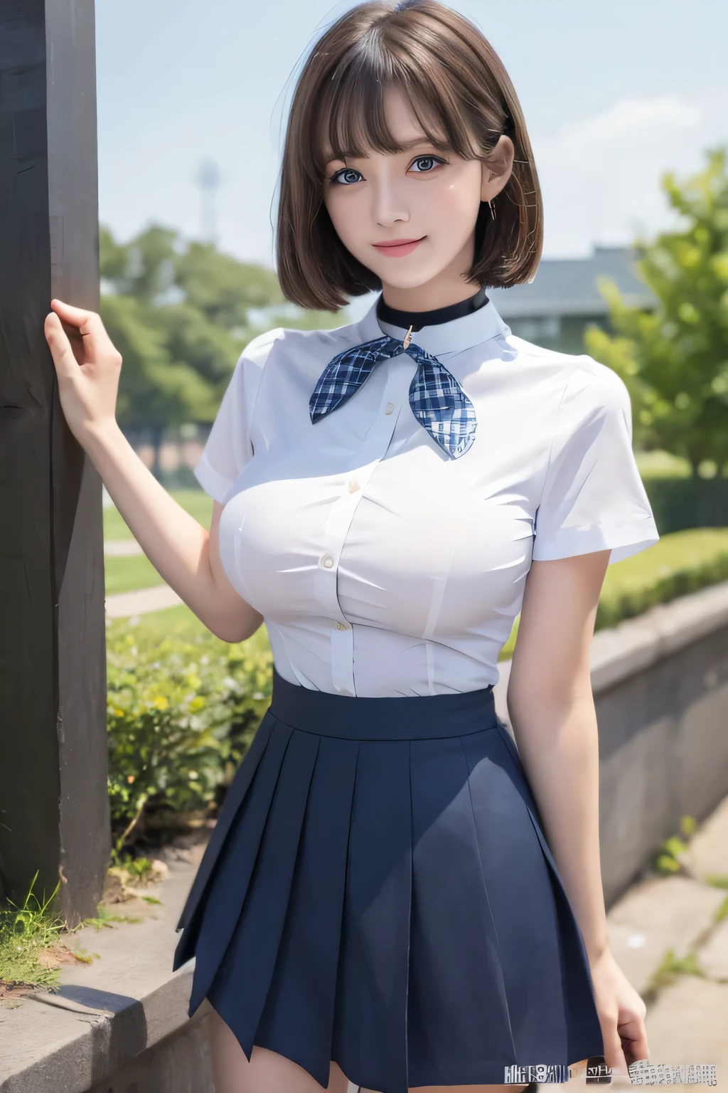 Highest quality、masterpiece、Group photo、((Layered Haircut)),(8k,Highest quality),Full Body Shot,Shot from medium distances,School classルーム,student,class,class,Open-collar shirt、Wear a JK skirt,Full body photo、 Adorable, smile, length, Brown Hair, 32K, masterpiece, Best image quality,Ultra-high resolution,Perfect hands,Black choker、blue eyes、bangs、Very thick and long eyelashes、uniform、 School、Summer clothes、((Big Breasts))