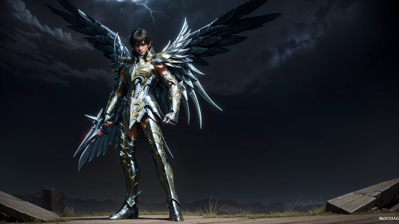 (masterpiece), 1man, full body shot, storm, dark clouds, thunderbolt, thunder, lightning, aggressive, night sky, full body, shadows, ruins, destruction, (((perfect hands))), starry sky, milky way, outdoors, fingerless gloves, ((light particles)), gleaming armor glinting in the starlight,  radiating powers, epic dark fantasy artwork, dynamic motion, saint_cloth divine_armor, (((metal wings))),  seiya, black hair, short hair, seiya,
BREAK, 
full body shot, photorealistic, best quality, (extremely detailed CG unity 64k wallpaper), ultra-high resolution, ultra-high definition, maximalist, 64k UHD, highres, intricate, intricate details, absurdres, highly detailed, finely detailed, ultra-detailed, ultra-high texture quality, DLSR, RTX, (HDR), detailed textures, ultra-high pixel detail, professionally color graded, full color depth, sharp focus, volumetric lighting, natural shadow, dramatic shading, dramatic lighting, 