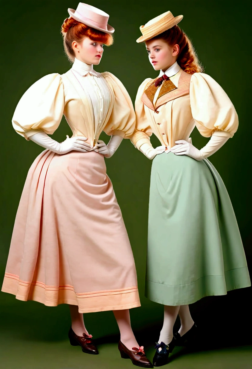 A group of teenage girls, of different hair colors, ages 13 to 15, flirting with old perverts in the 1890s, (((showing some leg, revealing their high-waisted bloomers))). Victorian setting. (((1890_dr3ss))). Year 1898. Colorful high-collar shirtwaists with puff sleeves, long skirts, elegant hats, ribbon ties and cameo brooches, gloves, petticoats, garter silk stockings and button boots.