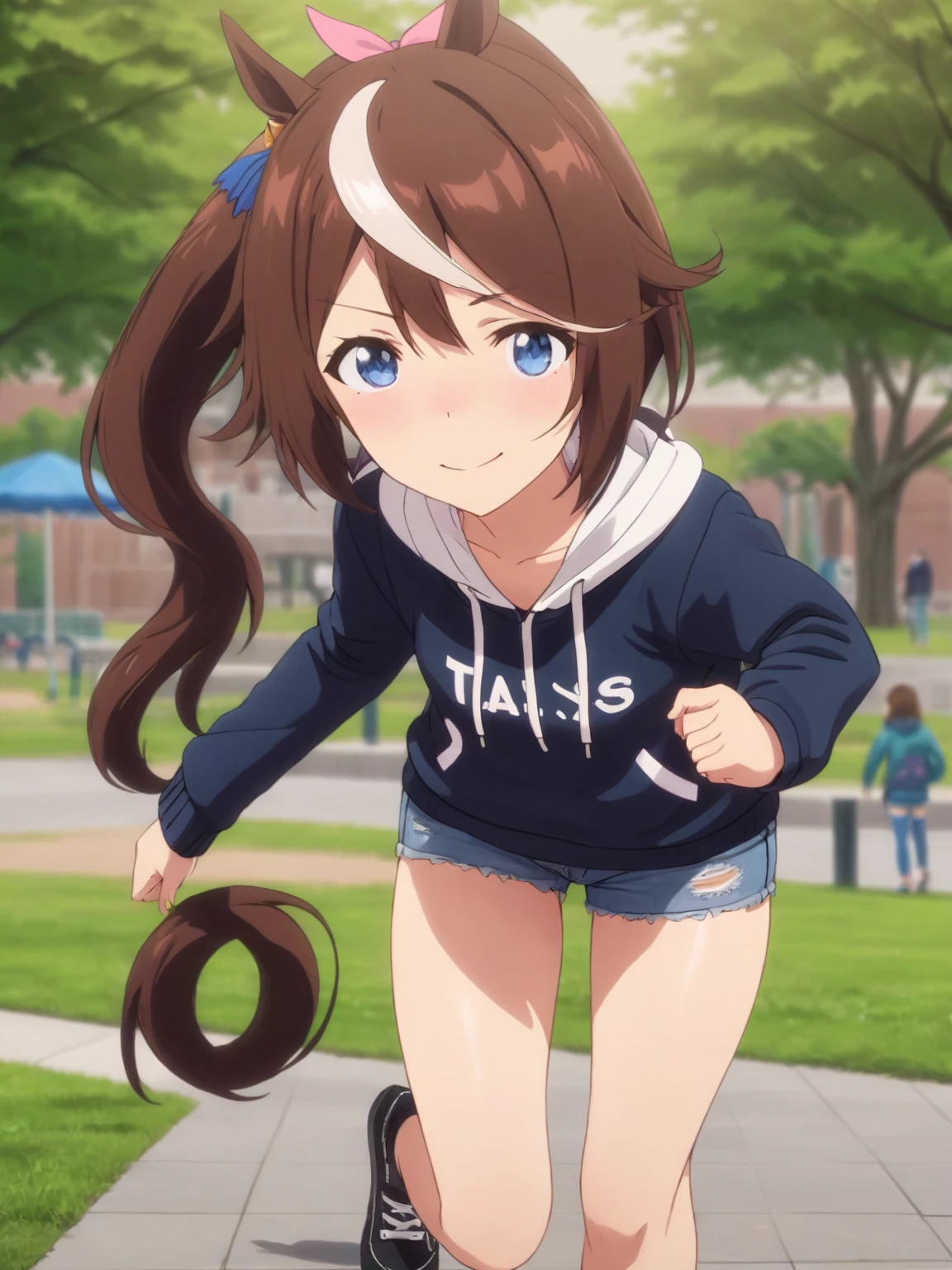 masterpiece, Highly detailed background, 1 personの女の子, alone, smile, Tokai Teio , High Ponytail, Tail of a fake animal, blush, sunny, at the park, Outdoor, Denim shorts, Black hoodie, Mix 4, (8k, RAW Photos, Highest quality, masterpiece: 1.45), (Realistic, photoRealistic: 1.37), Cowboy Shot,1 person, alone, Detailed face and eyes,Realistic, Realistic.,