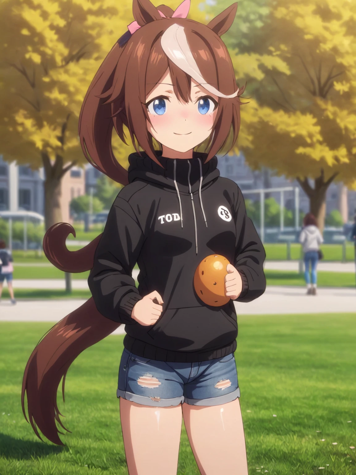 masterpiece, Highly detailed background, 1 personの女の子, alone, smile, Tokai Teio , High Ponytail, Tail of a fake animal, blush, sunny, at the park, Outdoor, Denim shorts, Black hoodie, Mix 4, (8k, RAW Photos, Highest quality, masterpiece: 1.45), (Realistic, photoRealistic: 1.37), Cowboy Shot,1 person, alone, Detailed face and eyes,Realistic, Realistic.,