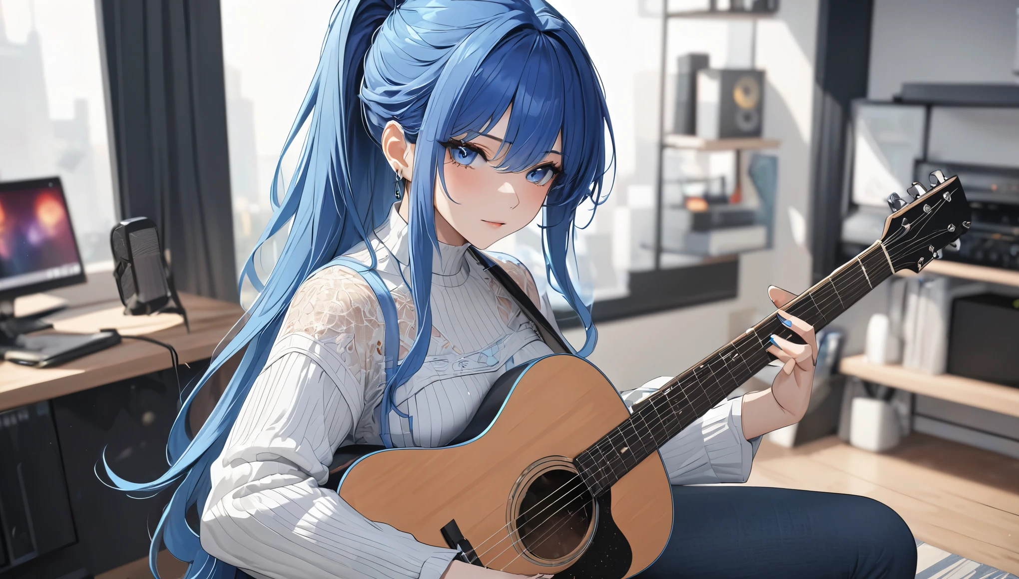 high detail, anime style, anime style, anime, UHD, retina, masterpiece, accurate, anatomically correct, textured skin, super detail, high details, high quality, award winning, best quality, highres, 16k, HD, 8k, vtuber, singer, blue hair, long hair, ponytail, full body, badhandv4, AissistXLv2, (negative_v2 Color_Balance_Calibration:0.8), (SuperQuality:1.0) ~ (SuperQuality:1.2), lr, fullbody, listening music with hedset, UHD, casual dress, guitar, detailed hands, pov