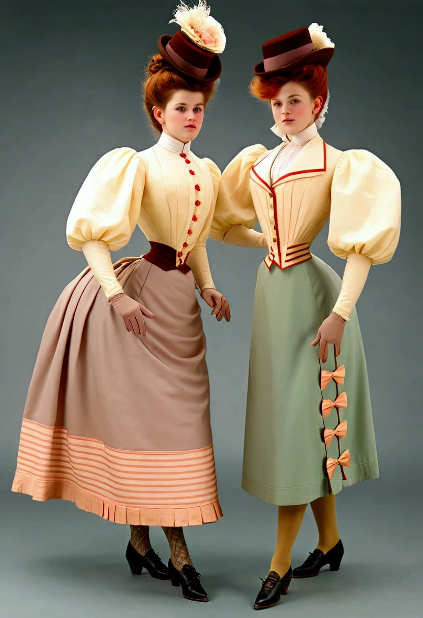 A group of teenage girls, of different hair colors, ages 13 to 15, flirting with old perverts in the 1890s, (((showing some leg, revealing their high-waisted bloomers))). Victorian setting. (((1890_dr3ss))). Year 1898. Colorful high-collar shirtwaists with puff sleeves, long skirts, elegant hats, ribbon ties and cameo brooches, gloves, petticoats, garter silk stockings and button boots.