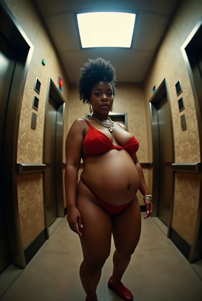 Your eye view POV when Cardi B&#39;s realface stepmother and her other fat and curvy plus size female friends take off their clothes and show off their big bellies to you while you are squeezed and trapped in the elevator. . fisheye camera view, iphone camera style. 8k hd, realface, cinematic, Hard detail