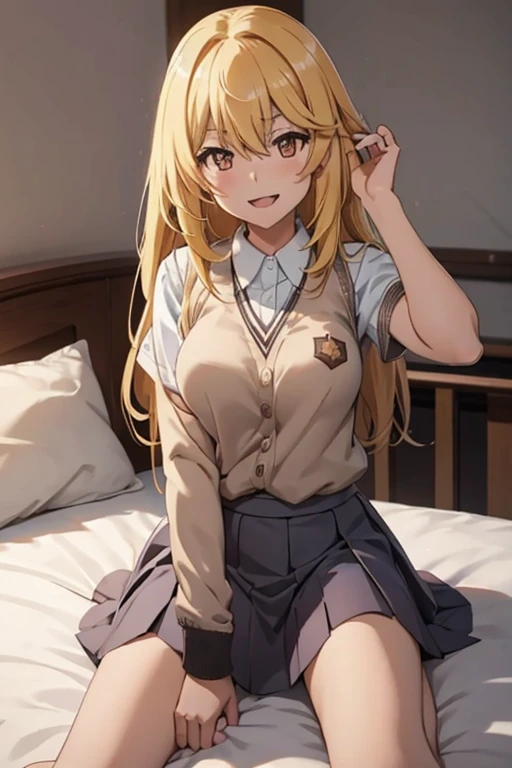 Shokuhou Misaki, At the bed, Blonde, Looking at someone while straddling them, school uniform, skirt, Spread your legs, smile, Open your mouth and stick out your tongue, Cross-shaped glowing eyes