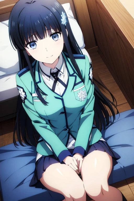 Miyuki Shiba, The Irregular at Magic High School,  Snowflake hair ornament, At the bed, Lying down, school uniform, skirt, Spread your legs, smile, Open your mouth