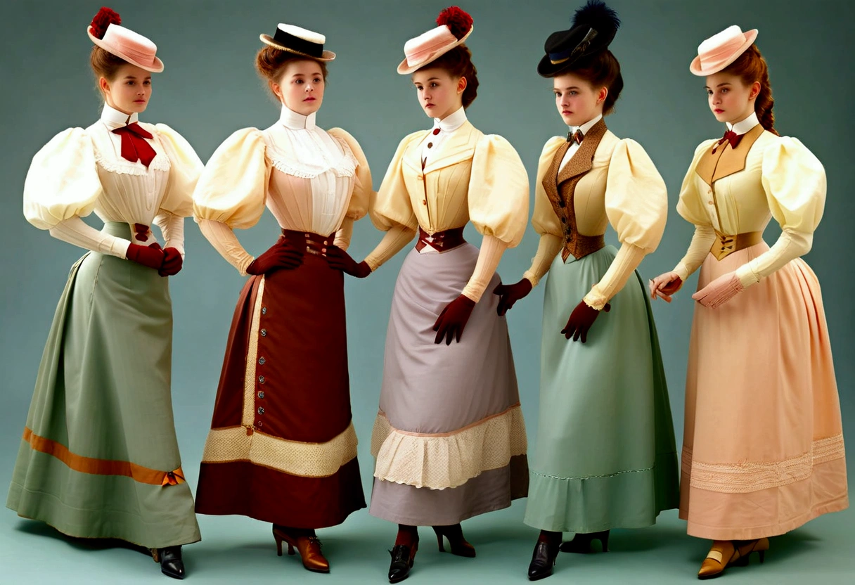 A group of teenage girls, of different hair colors, ages 13 to 15, flirting with old perverts in the 1890s, (((showing some leg, revealing their high-waisted bloomers))). Victorian setting. (((1890_dr3ss))). Year 1898. Colorful high-collar shirtwaists with puff sleeves, long skirts, elegant hats, ribbon ties and cameo brooches, gloves, petticoats, garter silk stockings and button boots.