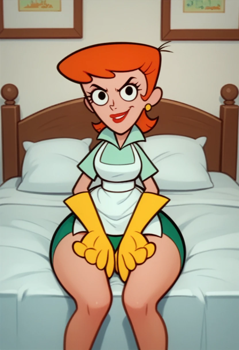 zPDXL2, dextersmom, woman, black eyes, no shirt, green thong, rubber gloves, short orange hair, earrings, wide hips, apron, lipstick, feet, looking at viewer, serious, smiling, sitting, on bed, spreading legs wide, inside cozy bedroom,
