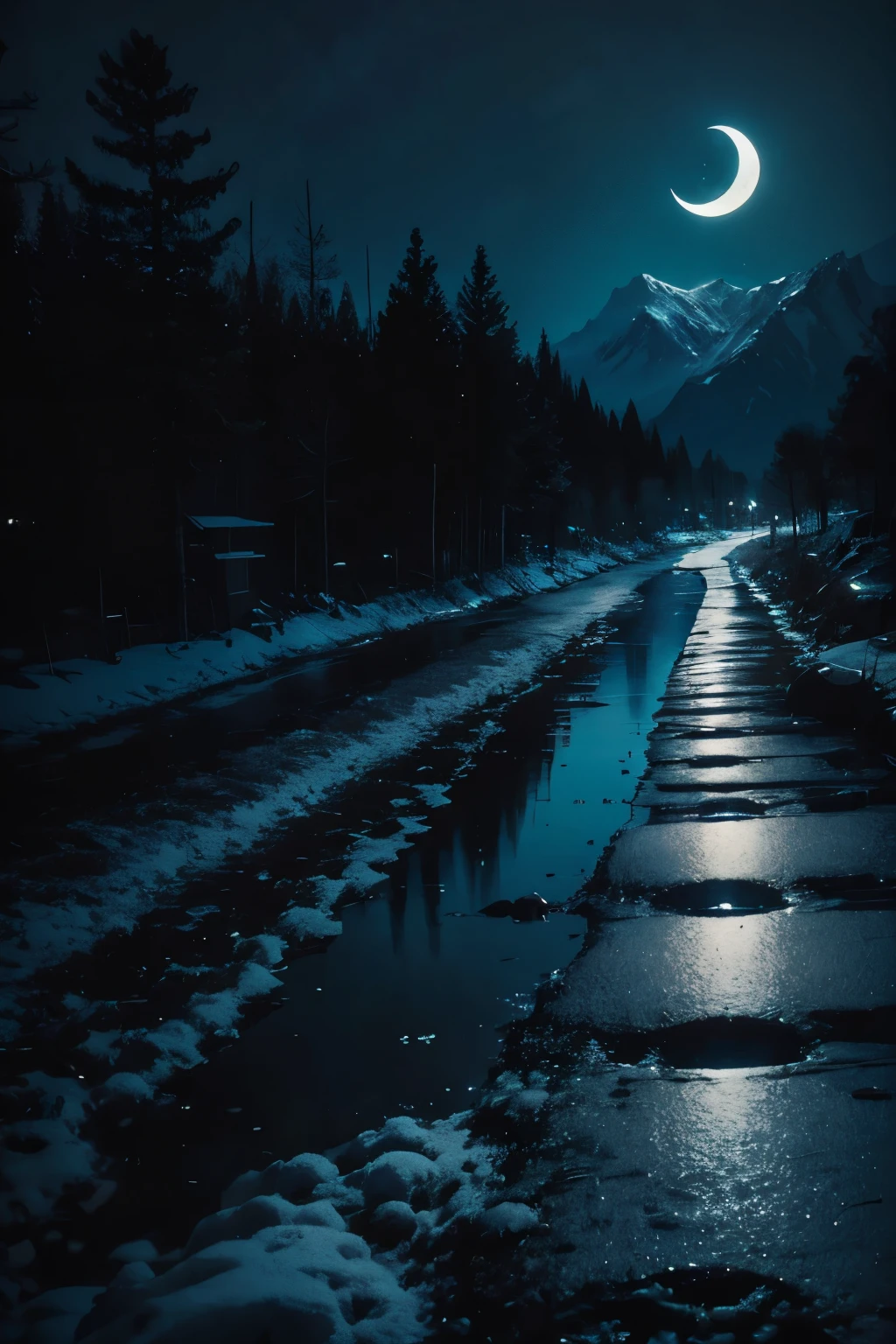 Snow Mountain，moon，night