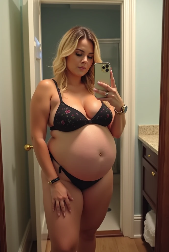 Your POV view of a plus size, 9 months 39 weeks pregnant, American blonde haired mother taking a selfie wearing a bikini and holding an iPhone 11 in front of the bathroom mirror with a big belly.. HD, cinematic, 25k, ultra detail, high shapering, masterpiece, fujifilm, fisheye camera view