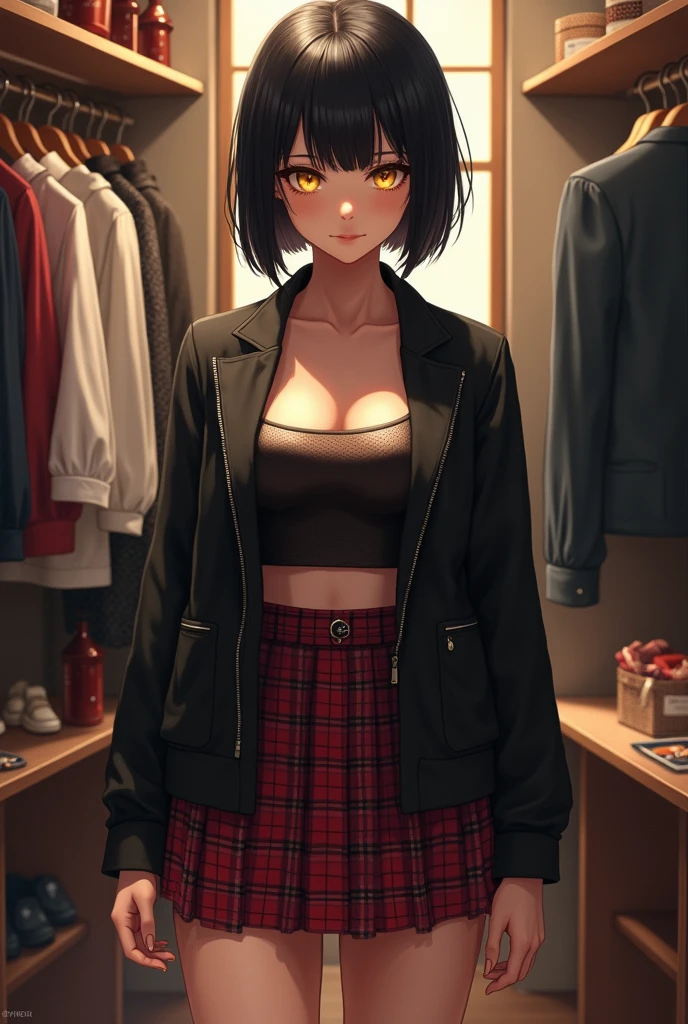 masterpiece, Best quality, 1 girl, food, One, skirt, shop, in room, jacket, shopping, Jewelry, shirt, shelf, short hair, Black hair, plaid skirt, black jacket, yellow eyes, Looking at the viewer, standing, (we are panties, is, crack in the ass, bottomless:1.4, microskirt), (shiny skin:1.2), 