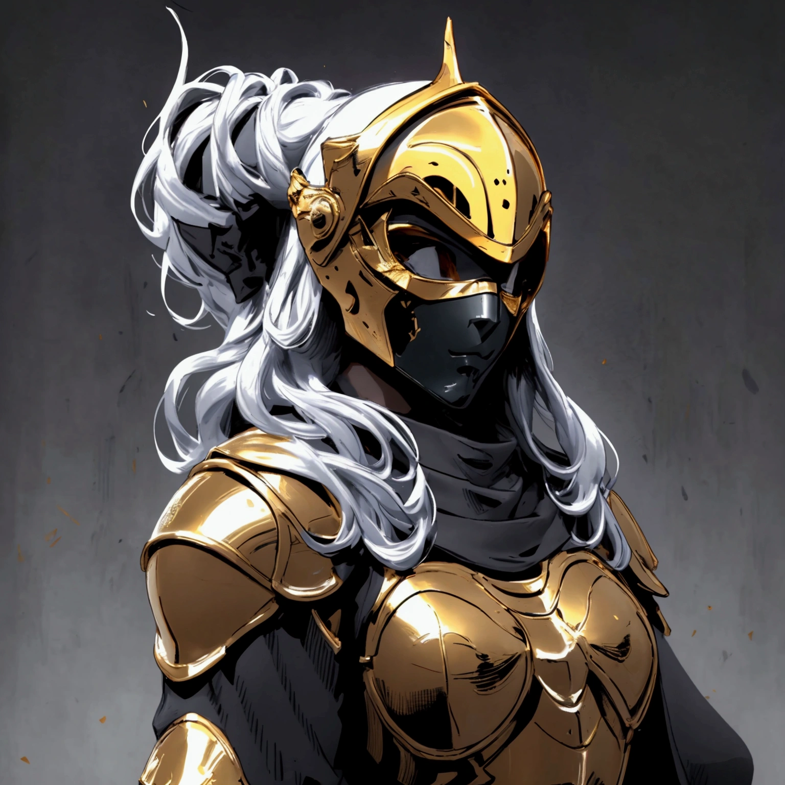 envision a 8k, highres, cinematic close up portrait of a Female Knight with Ritual mask, Full Mask, a slender body with, ((helmet)), Light armor, Gold and Silver armor with against a dark gray background in the style of dark fantasy