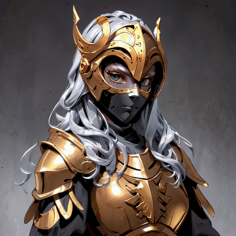 envision a 8k, highres, cinematic close up portrait of a Female Knight with Ritual mask, Full Mask, a slender body with, ((helmet)), Light armor, Gold and Silver armor with against a dark gray background in the style of dark fantasy