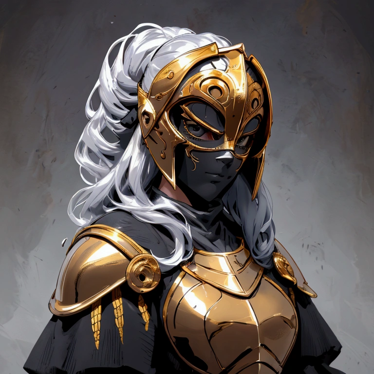 envision a 8k, highres, cinematic close up portrait of a Female Knight with Ritual mask, Full Mask, a slender body with, ((helmet)), Light armor, Gold and Silver armor with against a dark gray background in the style of dark fantasy