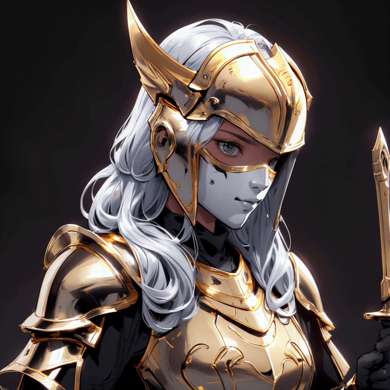 envision a 8k, highres, cinematic close up portrait of a Female Knight with Ritual mask, Full Mask, a slender body with, ((helmet)), Light armor, Gold and Silver armor with against a dark gray background in the style of dark fantasy