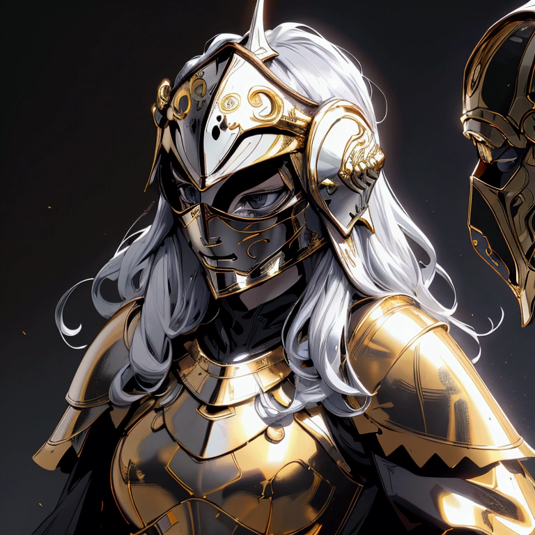 envision a 8k, highres, cinematic close up portrait of a Female Knight with Ritual mask, Full Mask, a slender body with, ((helmet)), Light armor, Gold and Silver armor with against a dark gray background in the style of dark fantasy