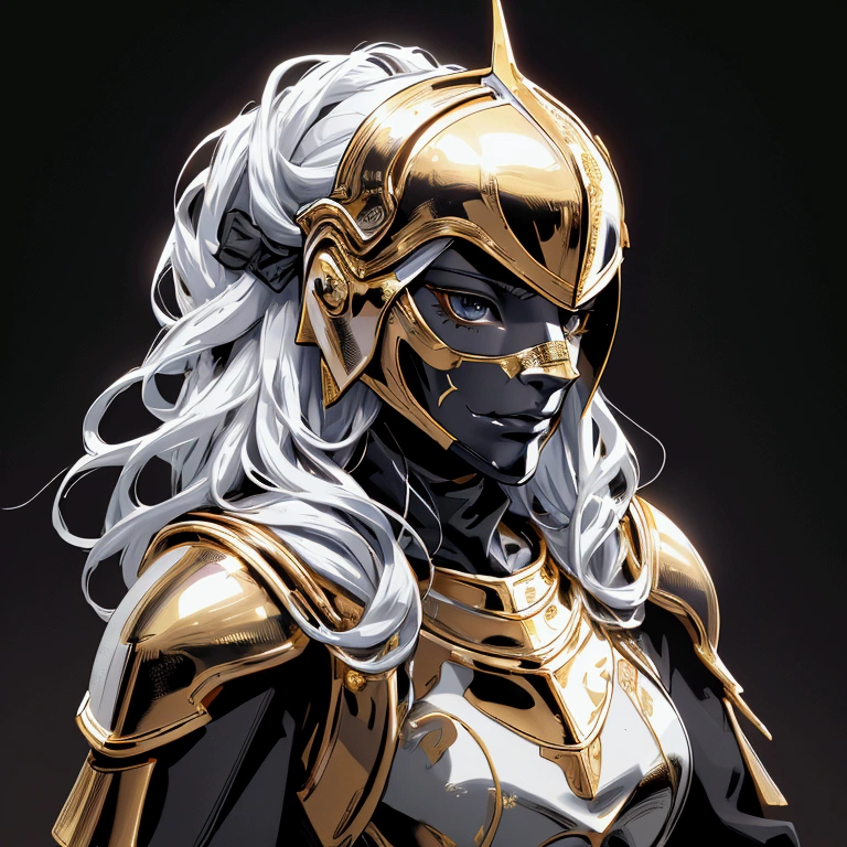 envision a 8k, highres, cinematic close up portrait of a Female Knight with Ritual mask, Full Mask, a slender body with, ((helmet)), Light armor, Gold and Silver armor with against a dark gray background in the style of dark fantasy