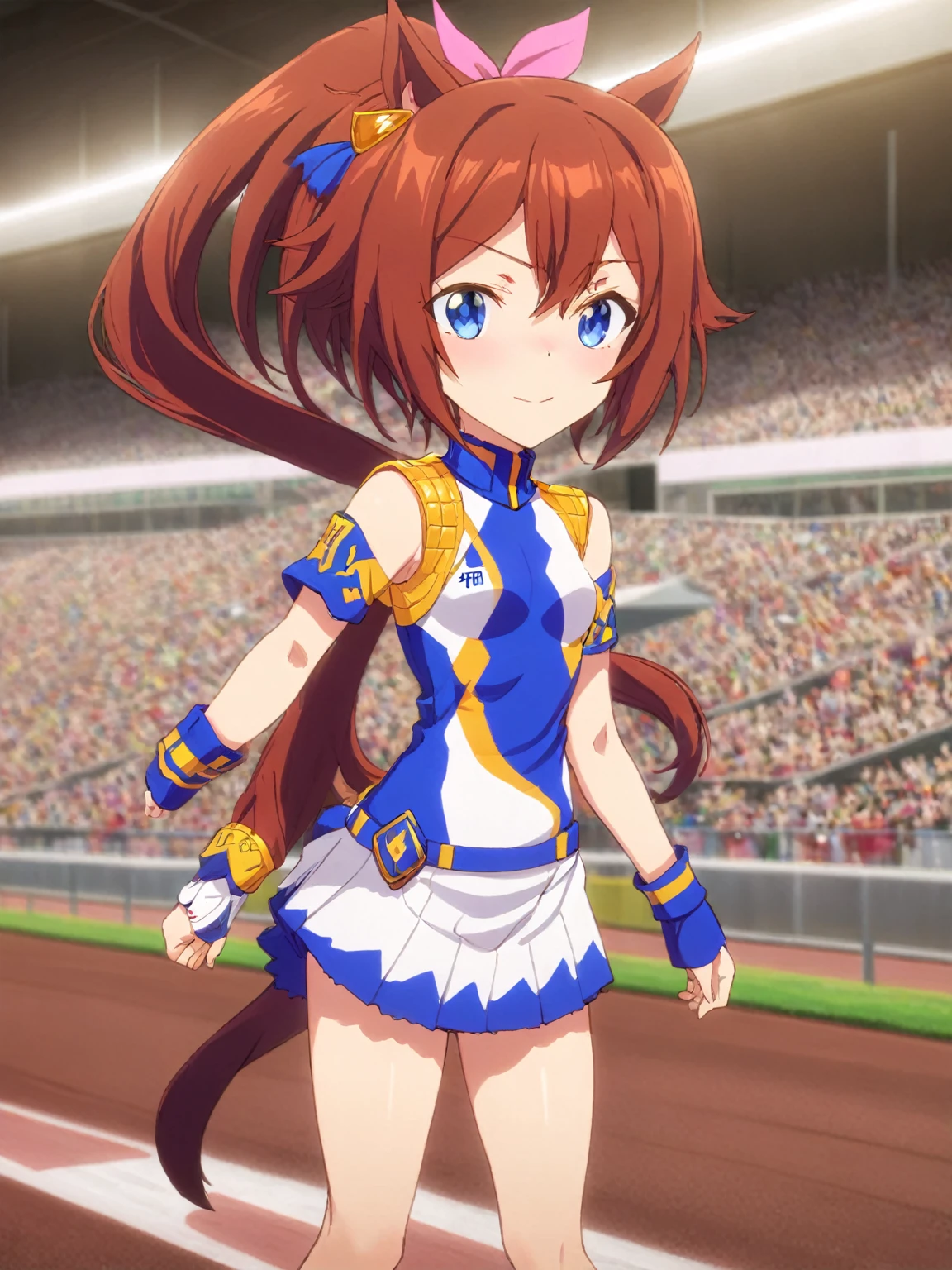 "Create a hyper-realistic depiction of Tokai Teio from Uma Musume, capturing her energetic and cheerful personality. Focus on her vibrant hair color, striking eyes, and athletic build. Dress her in a modern, realistic interpretation of her iconic racing outfit. Set the scene in a bustling racetrack with a dynamic and lively atmosphere, ensuring to highlight the energy and excitement synonymous with her character. Use hyper-realistic textures and lighting to bring the character to life."