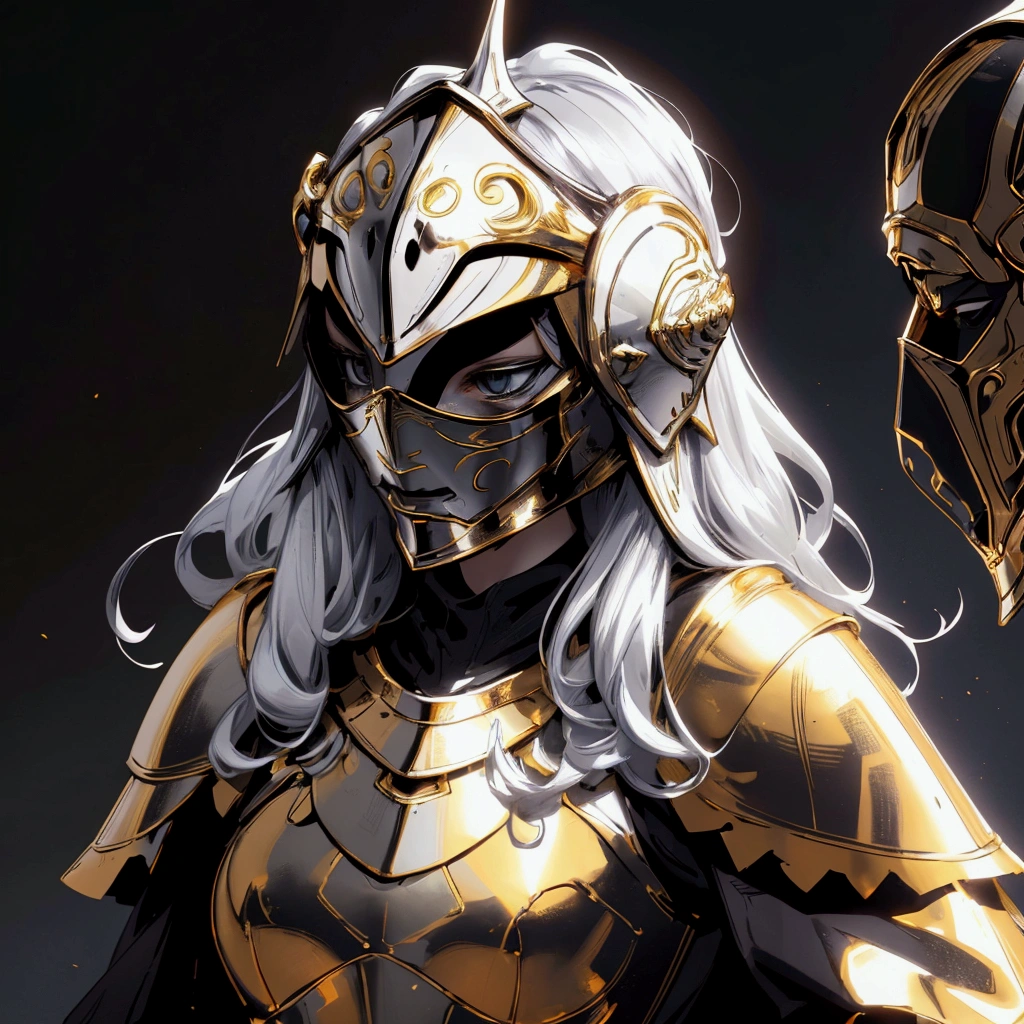 envision a 8k, highres, cinematic close up portrait of a Female Knight with Ritual mask, Full Mask, a slender body with, ((helmet)), Light armor, Gold and Silver armor with against a dark gray background in the style of dark fantasy