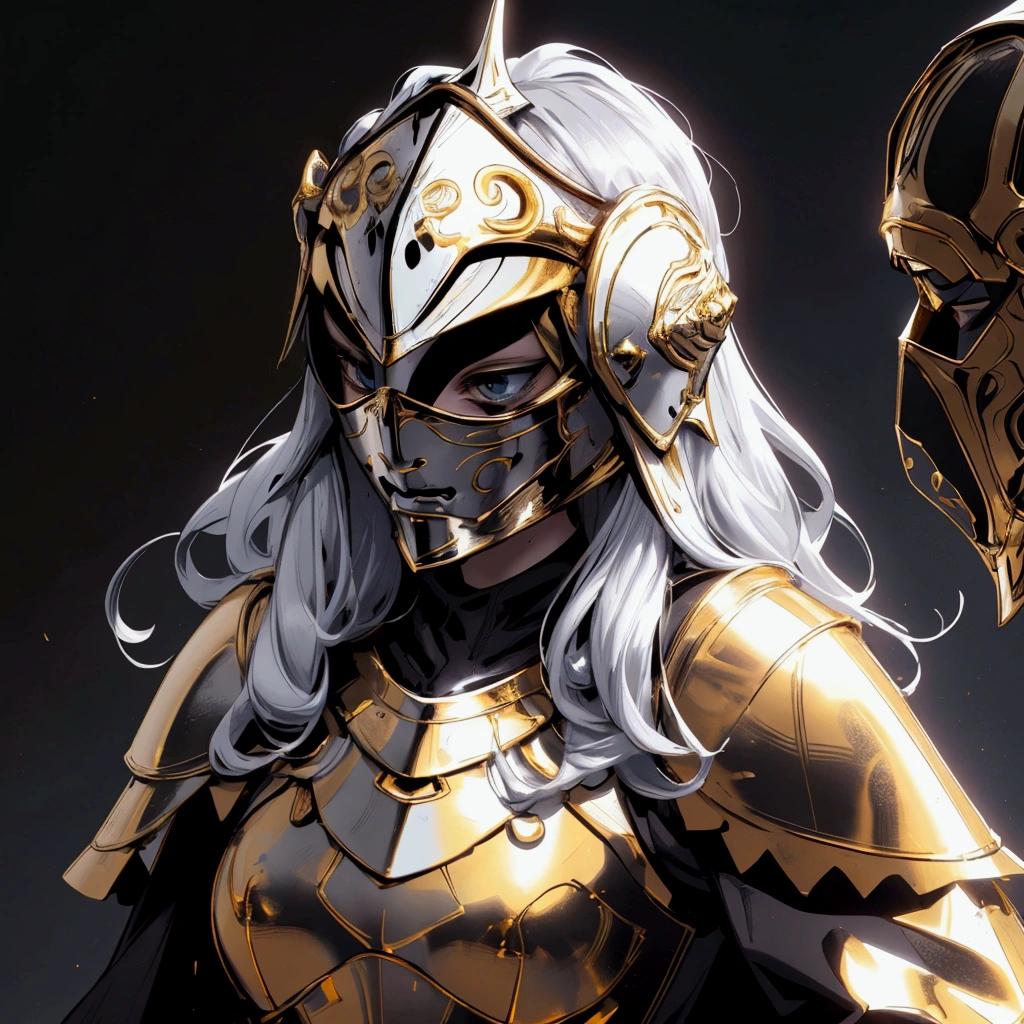 envision a 8k, highres, cinematic close up portrait of a Female Knight with Ritual mask, Full Mask, a slender body with, ((helmet)), Light armor, Gold and Silver armor with against a dark gray background in the style of dark fantasy