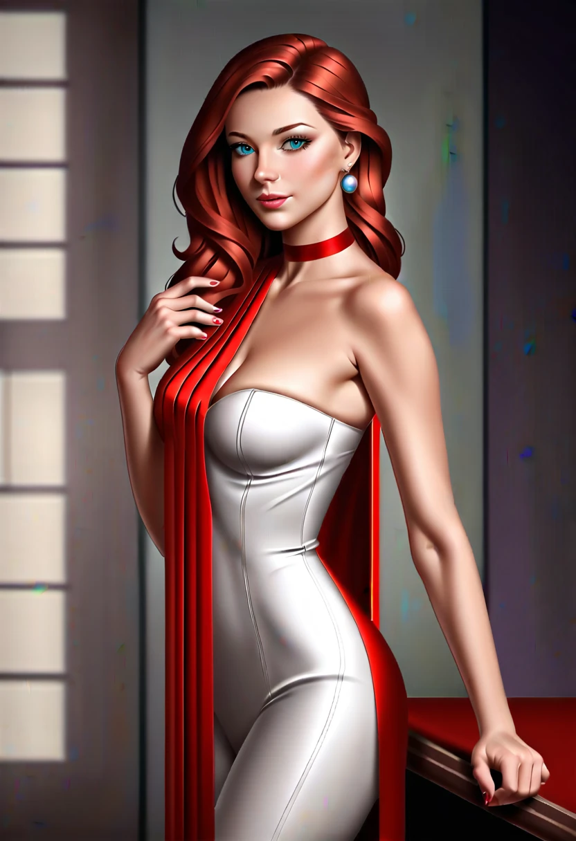 gorgeous woman, red hair, pixie cut, asymmetric dress
