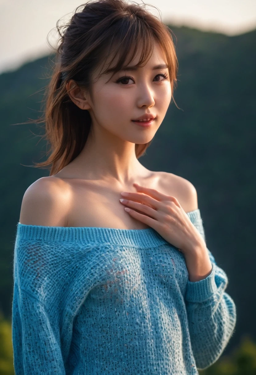shy smile、((NSFW))、((camel toe))、((female organ:1.1))、(masterpiece, best image quality:1.2), 8k, beautiful girl, (you can see her naked lower body.、I can see your crotch:1.8)、cute face、sunset、sunset、((wrap a very long wool scarf:1.4))、((blue muffler:1.3))、((Vibrant random pose:1.12)),Full body Esbian