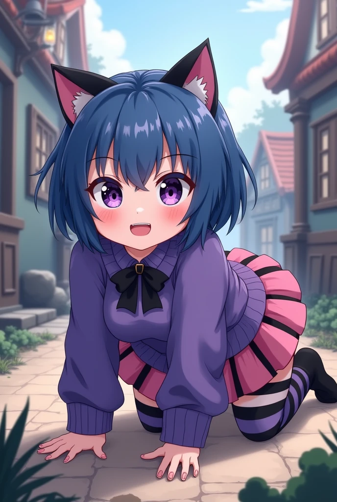 1girl, solo, multiple colored hairs, maid, black cat tail, smile, black thighhigh, leaning forward, outside, charm posing, paw stamps background, ((cameltoe)), upskirt, (view from behind), skimpy micro thong, anus peek, (tomboy), medium hair, big fat ass, thicc,