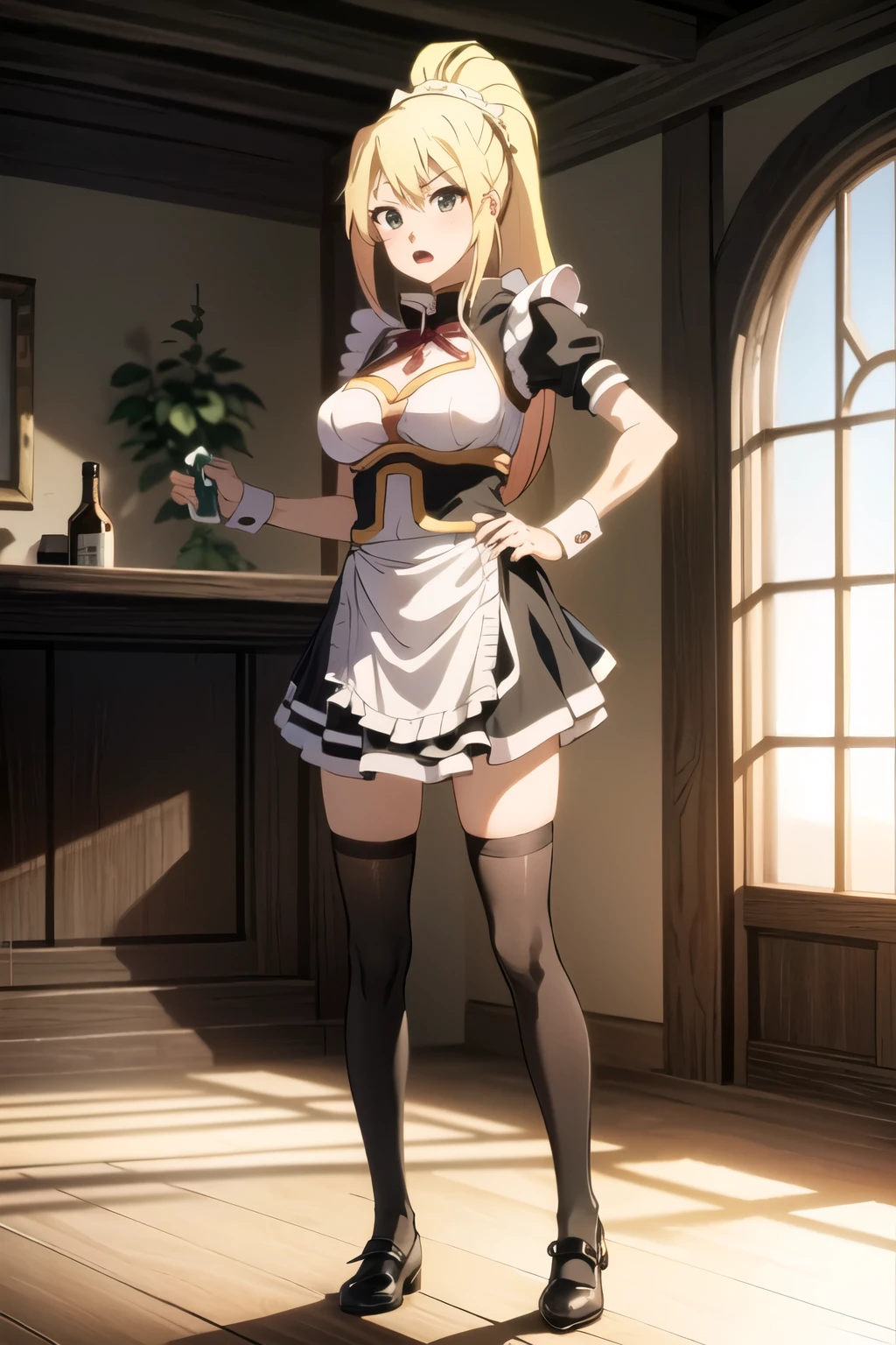 (masterpiece:1.0),(Highest_quality:1.0), 超High resolution,4K,Very detailed, photograph, 8k, High resolution, perfect eye, perfect face, (Lalatina Dusty ford KonoSuba), One girl, blonde hair, lengthmhair, hair ornament, Vatu hair ornament, ponytail, green eye,  perfect eye, perfect face,Parody, Open mouth, Large Breasts,  maid headdress, (black mini-skirt maid: 1.5), (frilled apron), (black thighhighs), (mary Jane shoes), standing, full body, indoor, bar