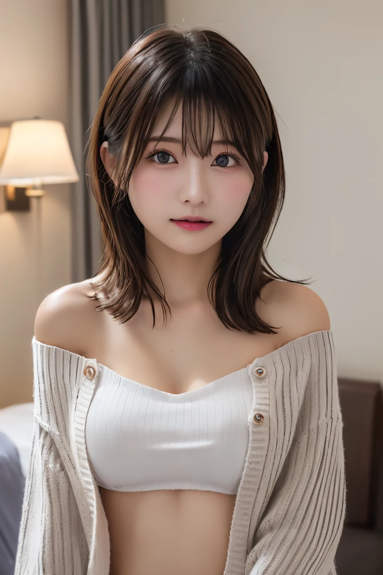 8K、Highest quality、(beautiful)、Precision Eyes、Brown Hair、looking at the camera、naked、Soft Breasts、精密なNipples、Nipples、Thin pubic hair、Pussy、Lace Cardigan、Shoot from above