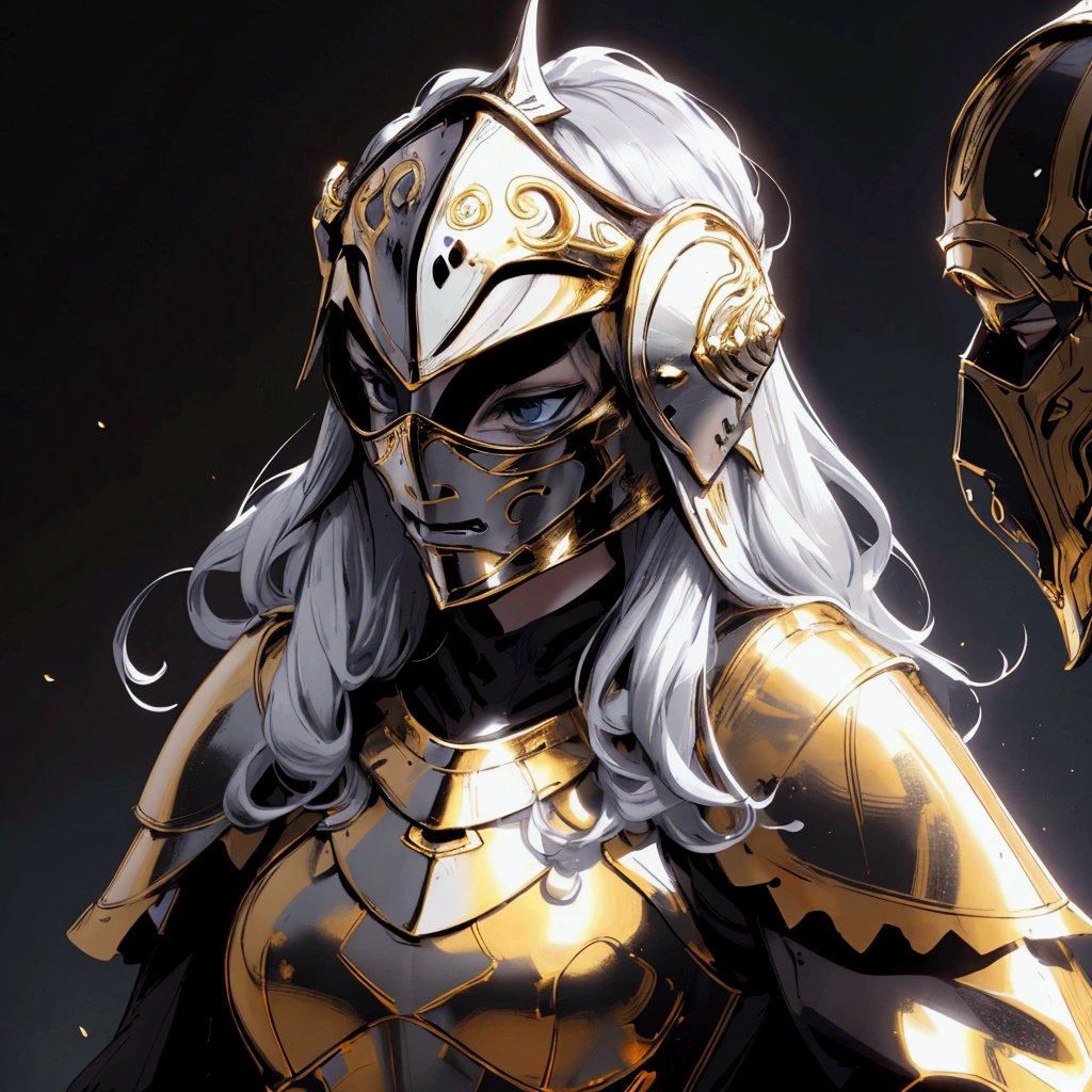 envision a 8k, highres, cinematic close up portrait of a Female Knight with Ritual mask, Full Mask, hair in a bun, a slender body with, ((helmet)), Light armor, Gold and Silver armor with against a dark gray background in the style of dark fantasy