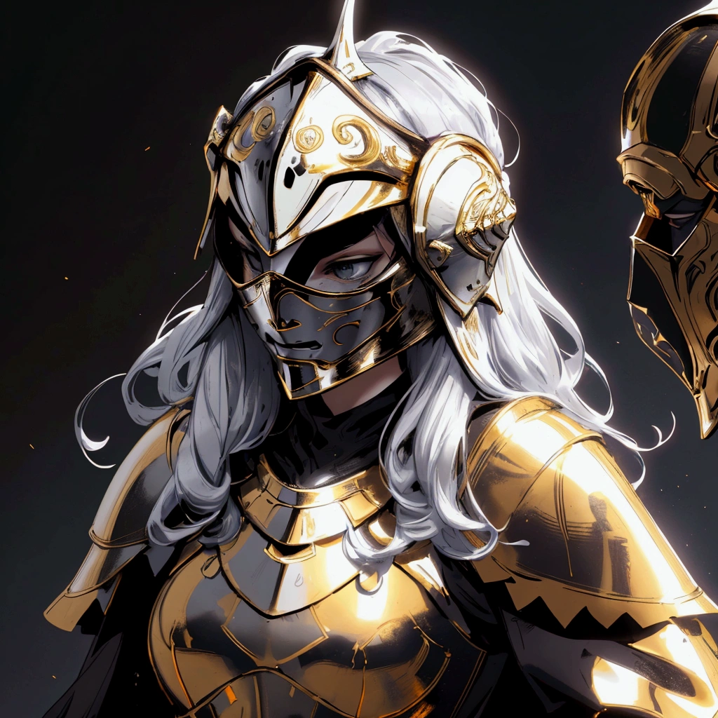 envision a 8k, highres, cinematic close up portrait of a Female Knight with Ritual mask, Full Mask, hair in a bun, a slender body with, ((helmet)), Light armor, Gold and Silver armor with against a dark gray background in the style of dark fantasy