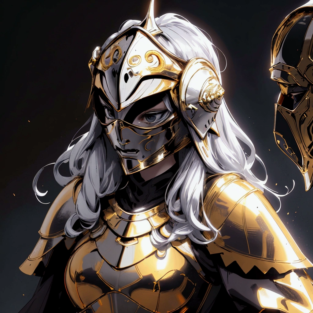 envision a 8k, highres, cinematic close up portrait of a Female Knight with Ritual mask, Full Mask, hair in a bun, a slender body with, ((helmet)), Light armor, Gold and Silver armor with against a dark gray background in the style of dark fantasy